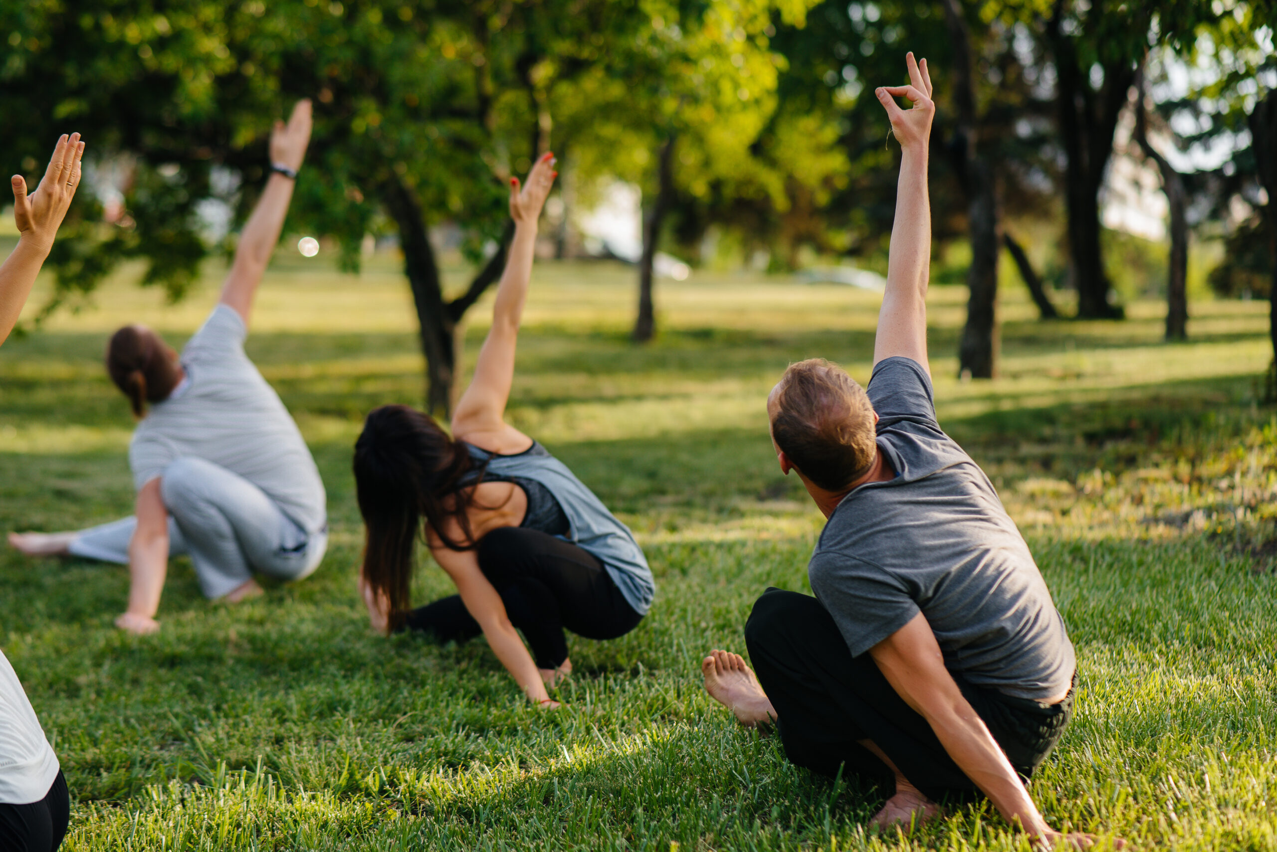 A group of people do yoga in the Park at sunset. Healthy lifestyle, meditation and Wellness.